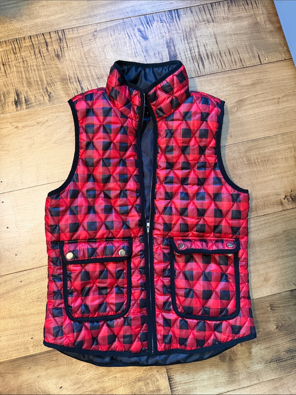 Red Plaid Quilted Sleeveless Vest - Women's Puff Vest